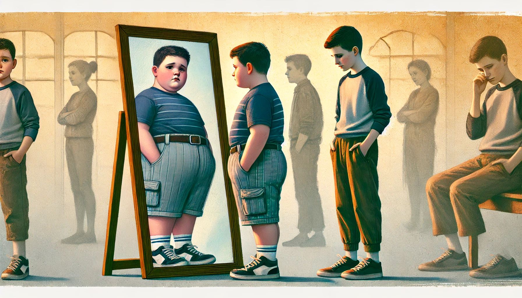 DALL·E 2024-07-07 13.22.43 - An overweight_ shy_ and very sad boy looking in the mirror_ feeling very insecure. He has a downcast expression_ slouched posture_ and is dressed in p